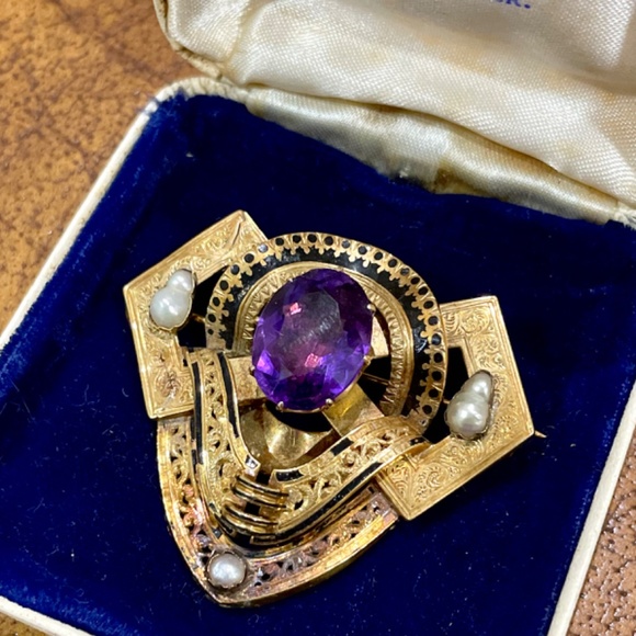 Antique Victorian 14k Yellow Gold Natural Amethyst Pearl Black Enamel Brooch - Picture 3 of 11